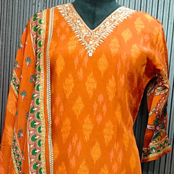 Kalamkari cotton salwar suit with embroidered neck