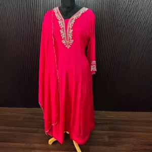 Hot Rani Pink Pure Chinnon Suit with Elegant Neckline Work
