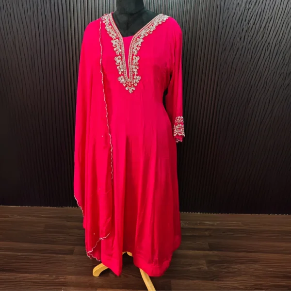 Hot Rani Pink Pure Chinnon Suit with Elegant Neckline Work