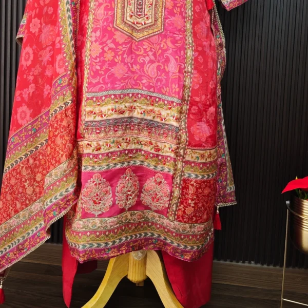 Pink Silk Suit Set with Intricate Neckline Work - Image 3