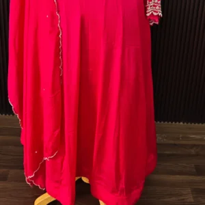Hot Rani Pink Pure Chinnon Suit with Elegant Neckline Work