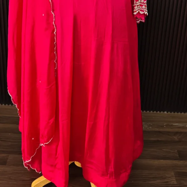 Hot Rani Pink Pure Chinnon Suit with Elegant Neckline Work - Image 2