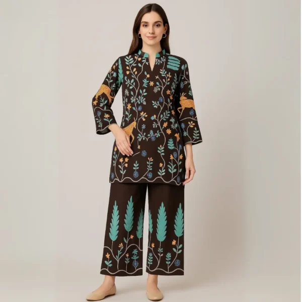 Pure Cotton Printed Coord Set – Black with Nature-Inspired Design - Image 4