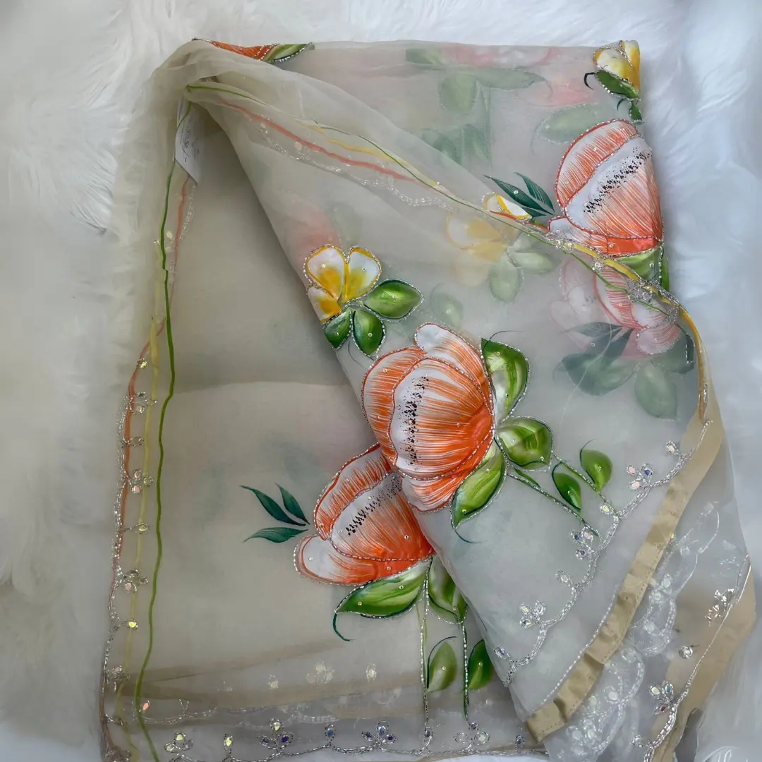 Elegant Glass Tissue Saree with Hand-Paint & Sequin Work