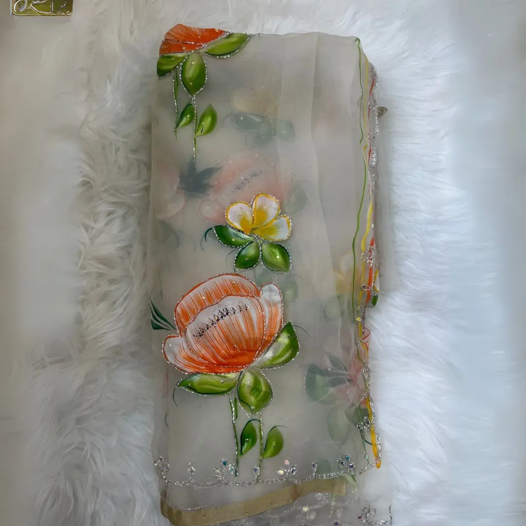 Elegant Glass Tissue Saree with Hand-Paint & Sequin Work - Image 2