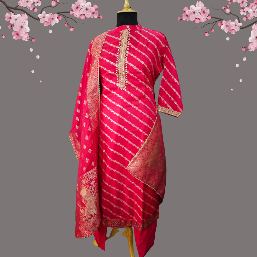 Rani Pink Banarasi Silk Suit Set with Zari Work & Dupatta