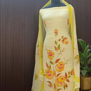 Lemon Yellow Chinon Silk Suit Set with Hand-Painted Floral Dupatta