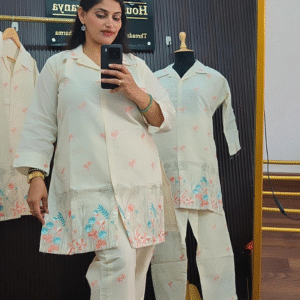 Off White Mul Cotton Coord Set with Floral Embroidery
