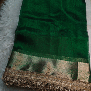 Emerald Green Organza Tissue Saree with Rich Zari Border