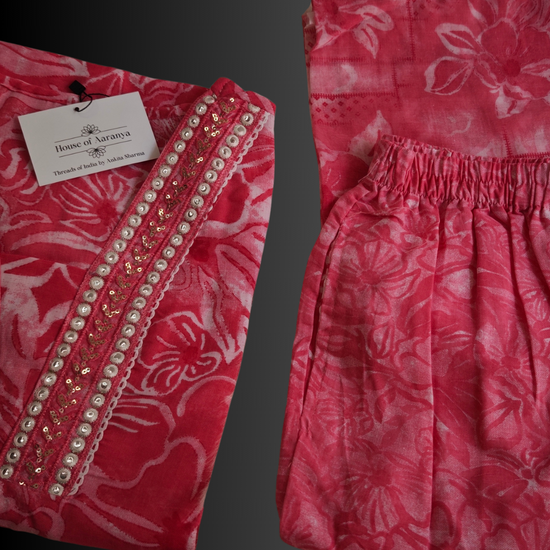 Pink Cotton Suit Set with Mirror Work & Embroidery (3 Piece)