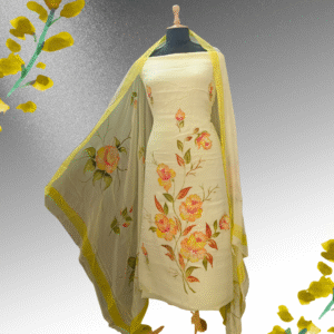 Lemon Yellow Chinon Silk Suit Set with Hand-Painted Floral Dupatta