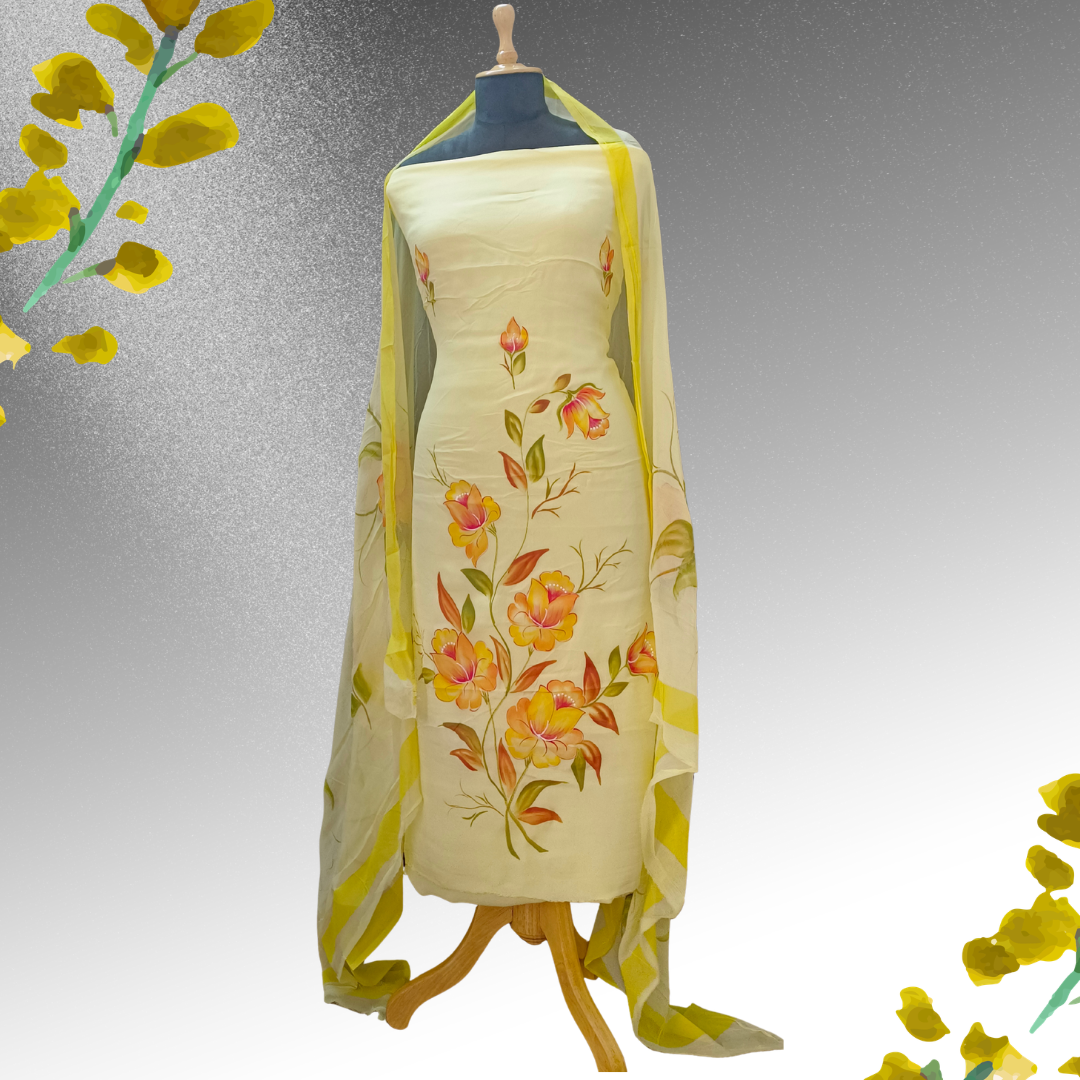 Lemon Yellow Chinon Silk Suit Set with Hand-Painted Floral Dupatta - Image 2