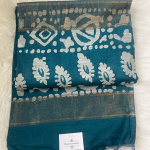 Teal Batik Print Cotton Saree with Traditional Border