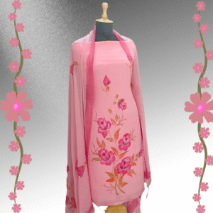 Rose Pink Chinon Silk Suit Set with Hand-Painted Floral Design