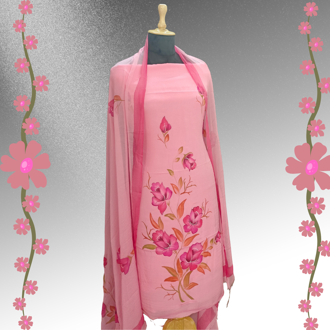 Rose Pink Chinon Silk Suit Set with Hand-Painted Floral Design