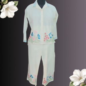 Off White Mul Cotton Coord Set with Pastel Floral Embroidery