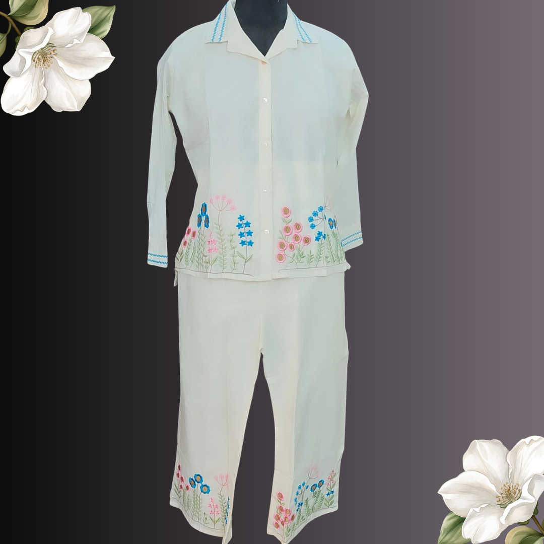 Off White Mul Cotton Coord Set with Pastel Floral Embroidery
