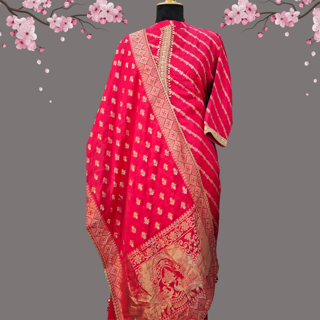 Rani Pink Banarasi Silk Suit Set with Zari Work & Dupatta - Image 2