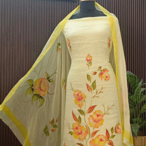 Lemon Yellow Chinon Silk Suit Set with Hand-Painted Floral Dupatta