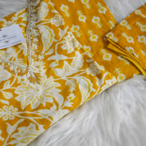 Mustard Cotton Suit Set with Pearl Work Neckline