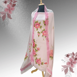 Blush Pink Chinon Silk Suit Set with Hand-Painted Floral Dupatta