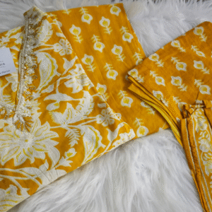 Mustard Cotton Suit Set with Pearl Work Neckline