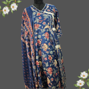 Blue Floral Cotton Anarkali Suit Set with Gotta Patti Dupatta