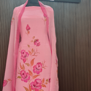 Rose Pink Chinon Silk Suit Set with Hand-Painted Floral Design