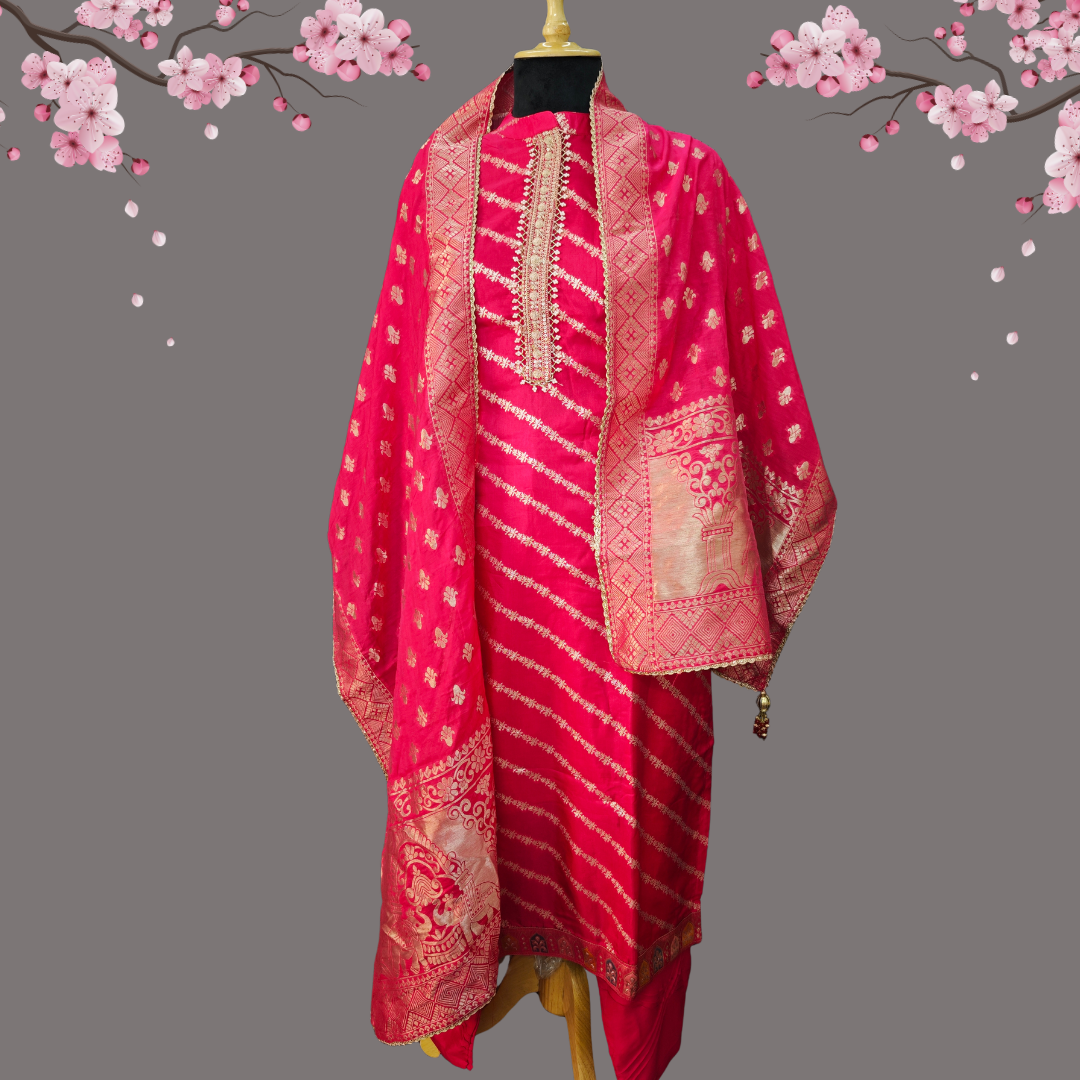 Rani Pink Banarasi Silk Suit Set with Zari Work & Dupatta - Image 3