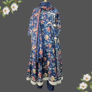 Blue Floral Cotton Anarkali Suit Set with Gotta Patti Dupatta
