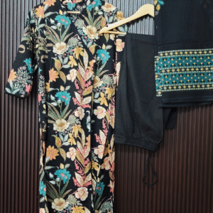 Black Floral Cotton Suit Set with Printed Dupatta (3 Piece)