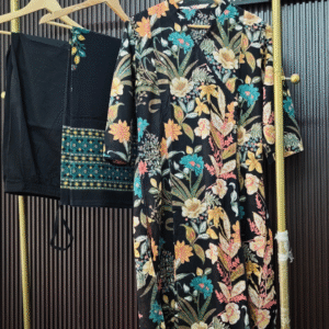 Black Floral Cotton Suit Set with Printed Dupatta (3 Piece)