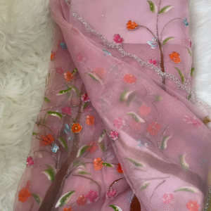 Blush Pink Tissue Saree with Hand-Painted Floral Embroidery