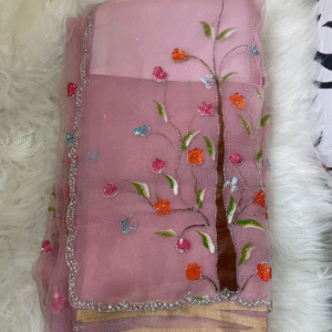 Blush Pink Tissue Saree with Hand-Painted Floral Embroidery