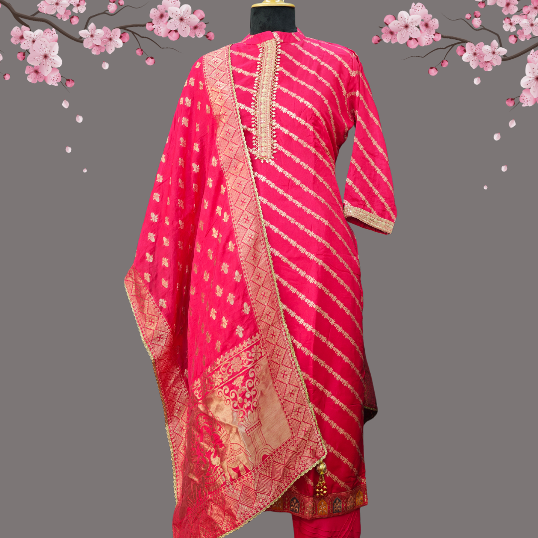 Rani Pink Banarasi Silk Suit Set with Zari Work & Dupatta - Image 4