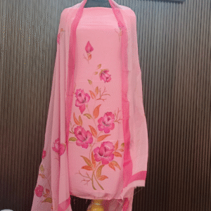 Rose Pink Chinon Silk Suit Set with Hand-Painted Floral Design