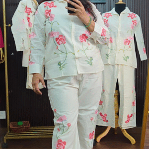 Off White Mul Cotton Coord Set with Pink Floral Print