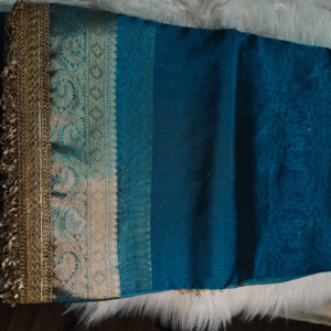 Teal Blue Glass Organza Tissue Saree with Lace Border