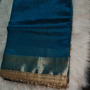 Teal Blue Glass Organza Tissue Saree with Lace Border