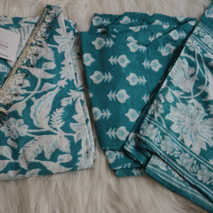 Rama Green Cotton Suit Set with Pearl Work Neckline (3 Piece)