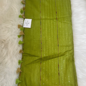 Lime Green Cotton Saree with Sequin Work & Tassels
