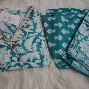 Rama Green Cotton Suit Set with Pearl Work Neckline (3 Piece)