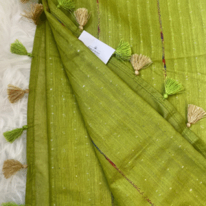 Lime Green Cotton Saree with Sequin Work & Tassels