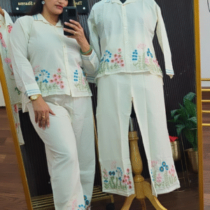Off White Mul Cotton Coord Set with Garden Floral Embroidery