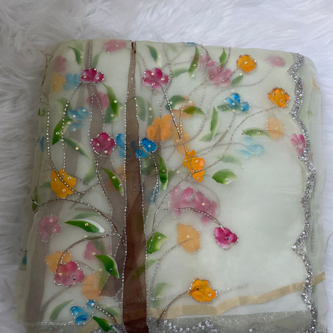 Pastel Tissue Saree Hand Painted Floral Embroidery Work