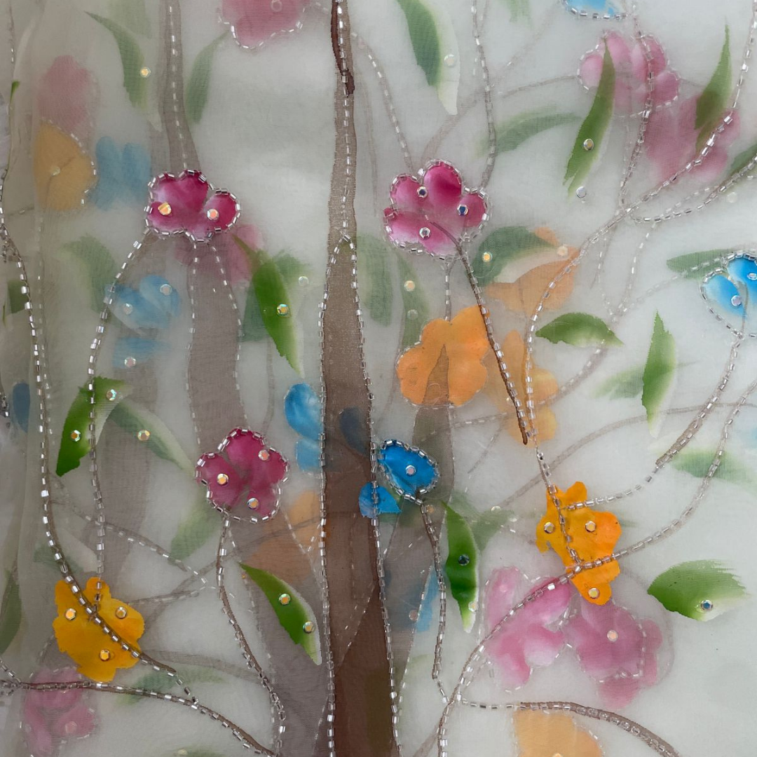 Pastel Tissue Saree Hand Painted Floral Embroidery Work - Image 3