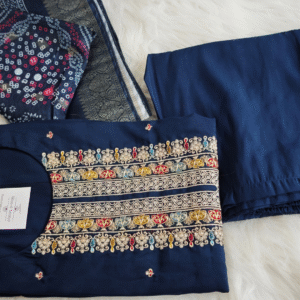 Navy Blue Silk Suit Set with Organza Dupatta & Zari Work