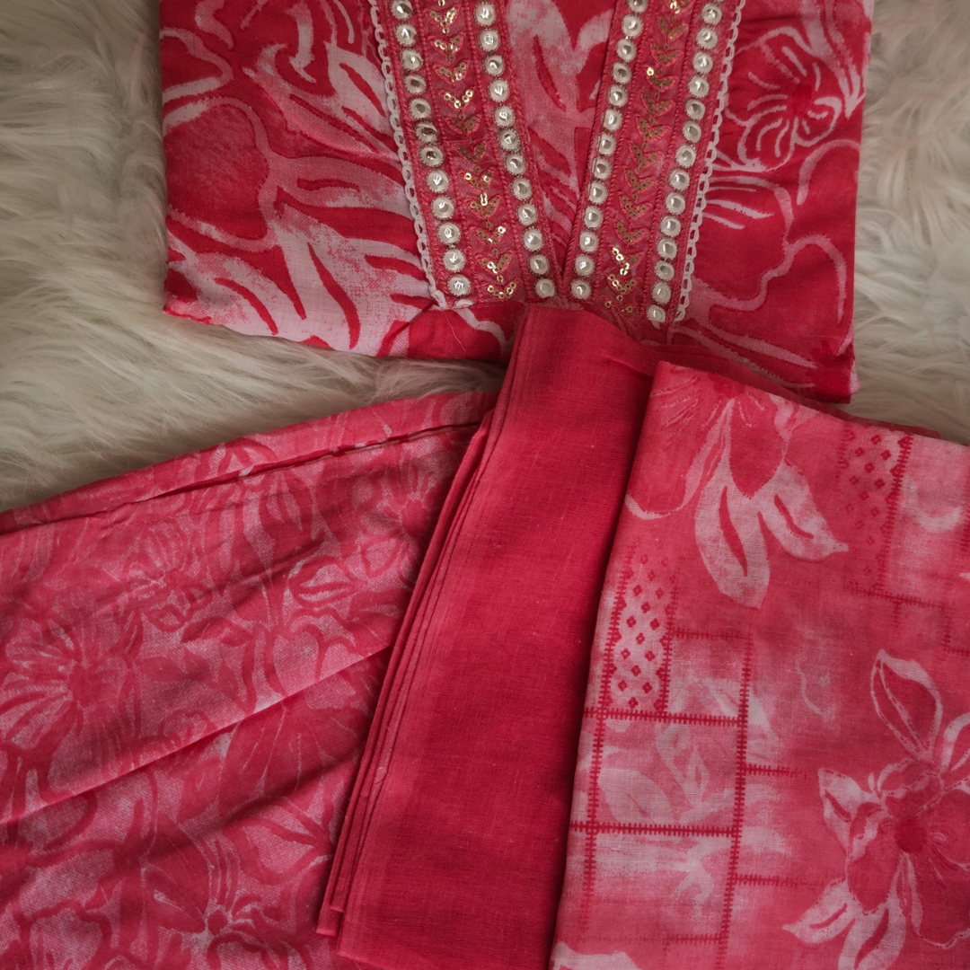 Pink Cotton Suit Set with Mirror Work & Embroidery (3 Piece) - Image 2