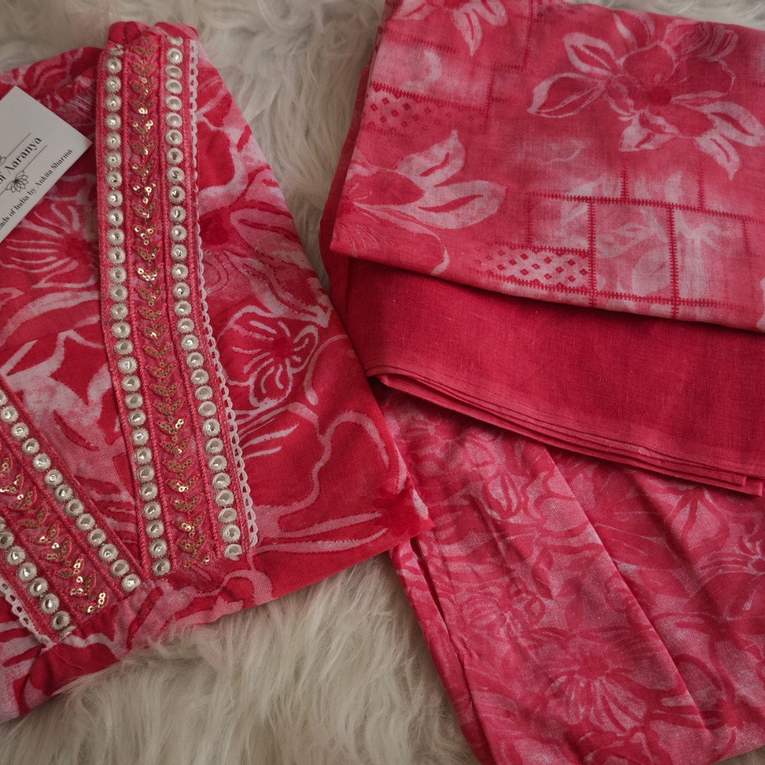 Pink Cotton Suit Set with Mirror Work & Embroidery (3 Piece) - Image 3