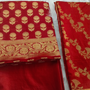 Red Chinia Silk Suit Fabric with Gold Zari Woven Design
